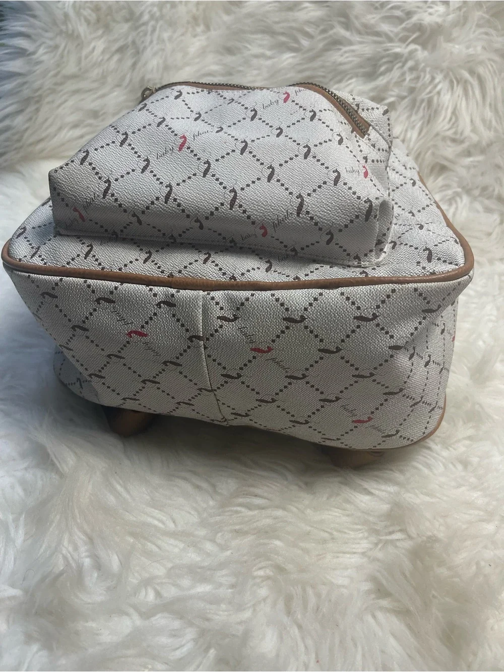 Babyphat synthetic Beige Patterned Backpack with Brown Trim gold accent